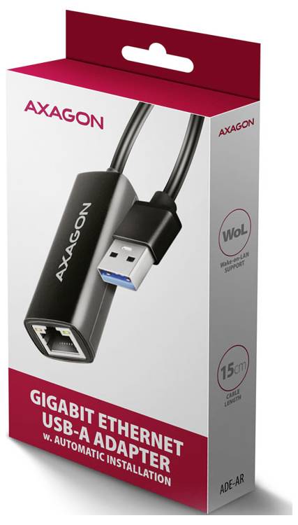 Axagon Gigabit Ethernet USB-A-adapterkpacke, visar en svart USB 3.0 till Ethernet-dongel med automatisk installation och 15 cm kabel.