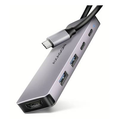USB-C-hubb med HDMI, två USB-A-portar, två USB-C-portar och ett blått statusljus, visad med ansluten USB-C-kabel på vit bakgrund.
