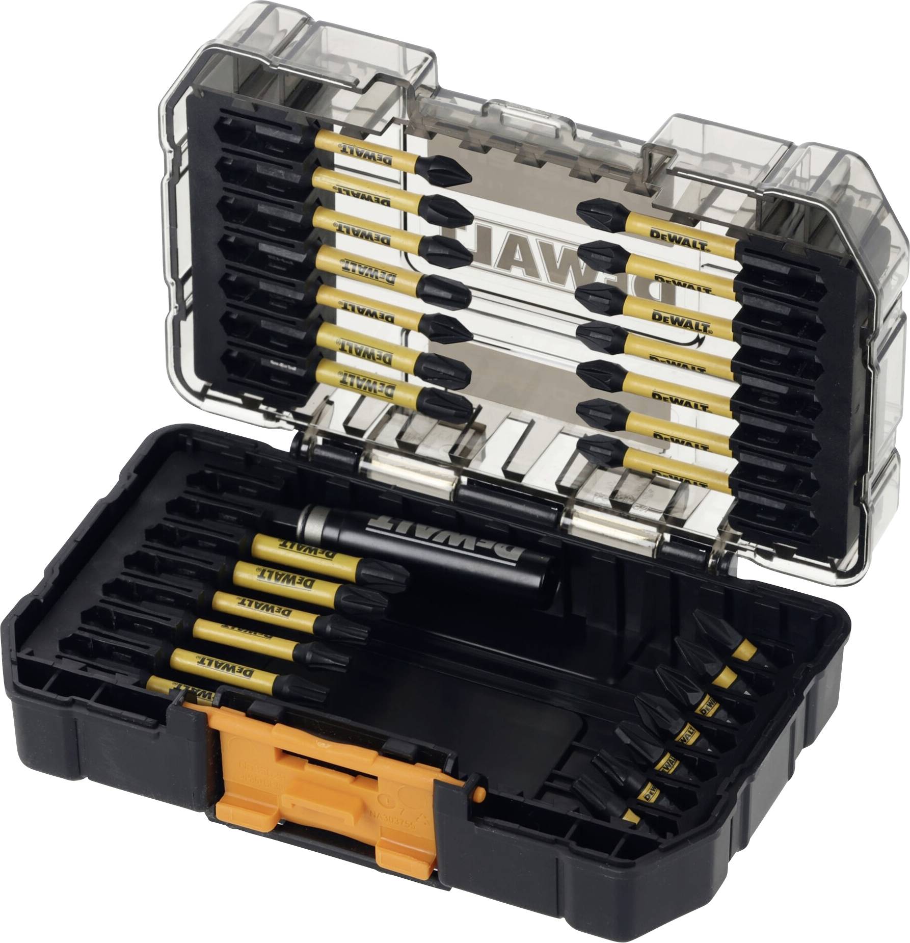 Öppen Dewalt-borrbitssats i ett svart och transparent plastfodral, med flera gul-och-svarta bitar organiserade inuti.