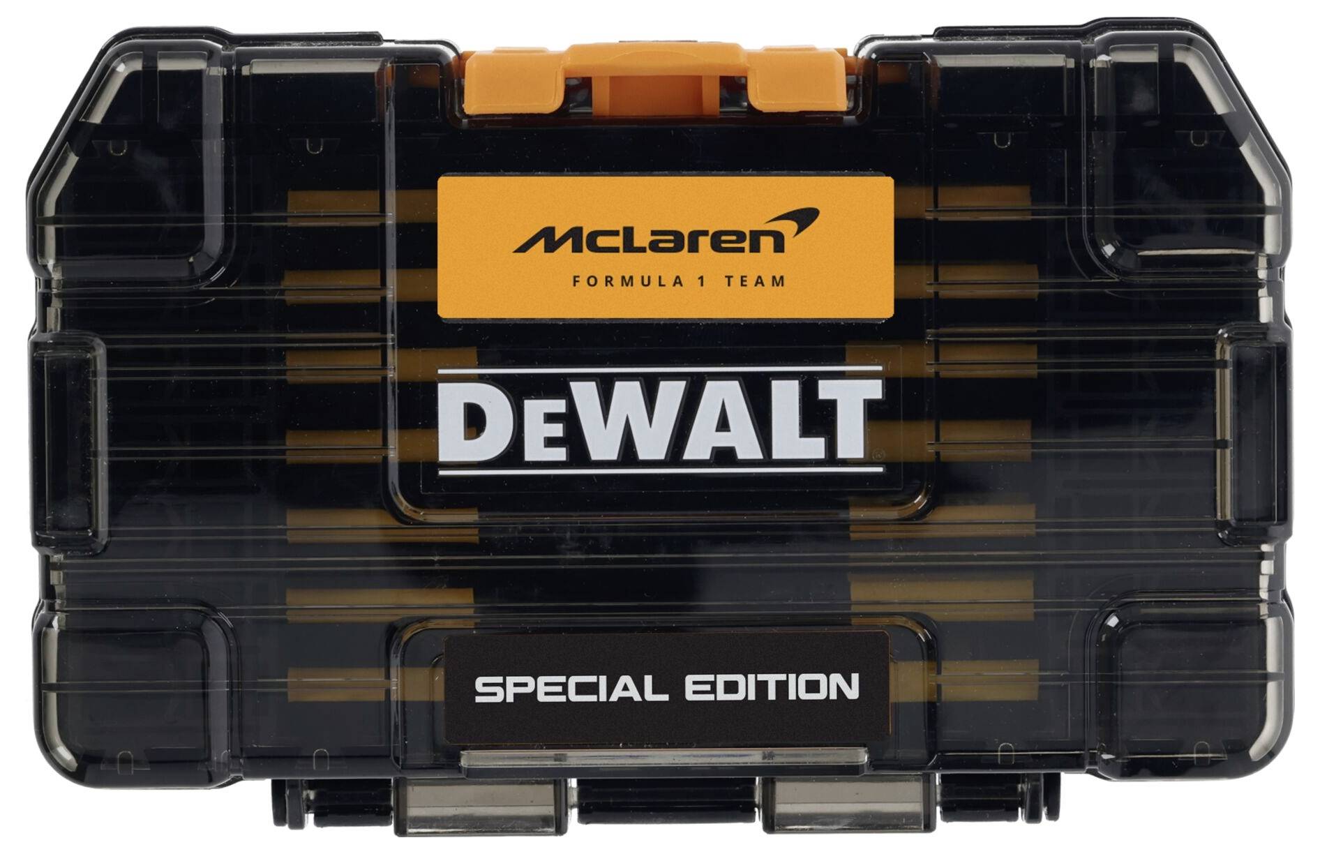 Svart DeWALT specialutgåva verktygslåda med McLaren Formula 1 Team-märkning och orange lås.