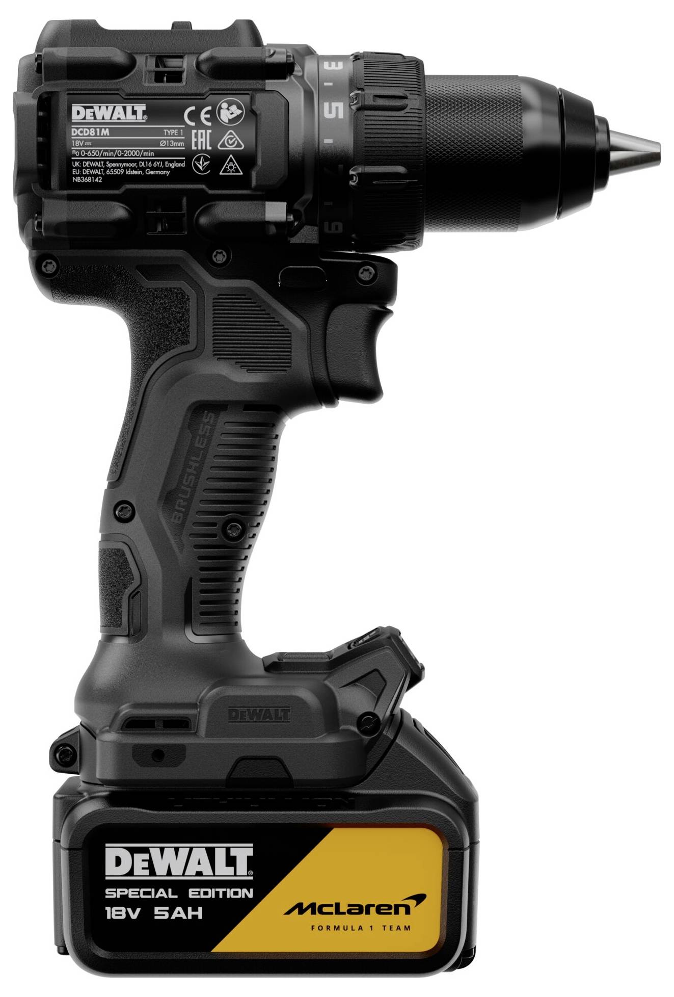 Svart DEWALT trådlös borrmaskin med batterisats, visad i profil mot vit bakgrund, märkt med "Special Edition" och "McLaren Formula 1 Team".