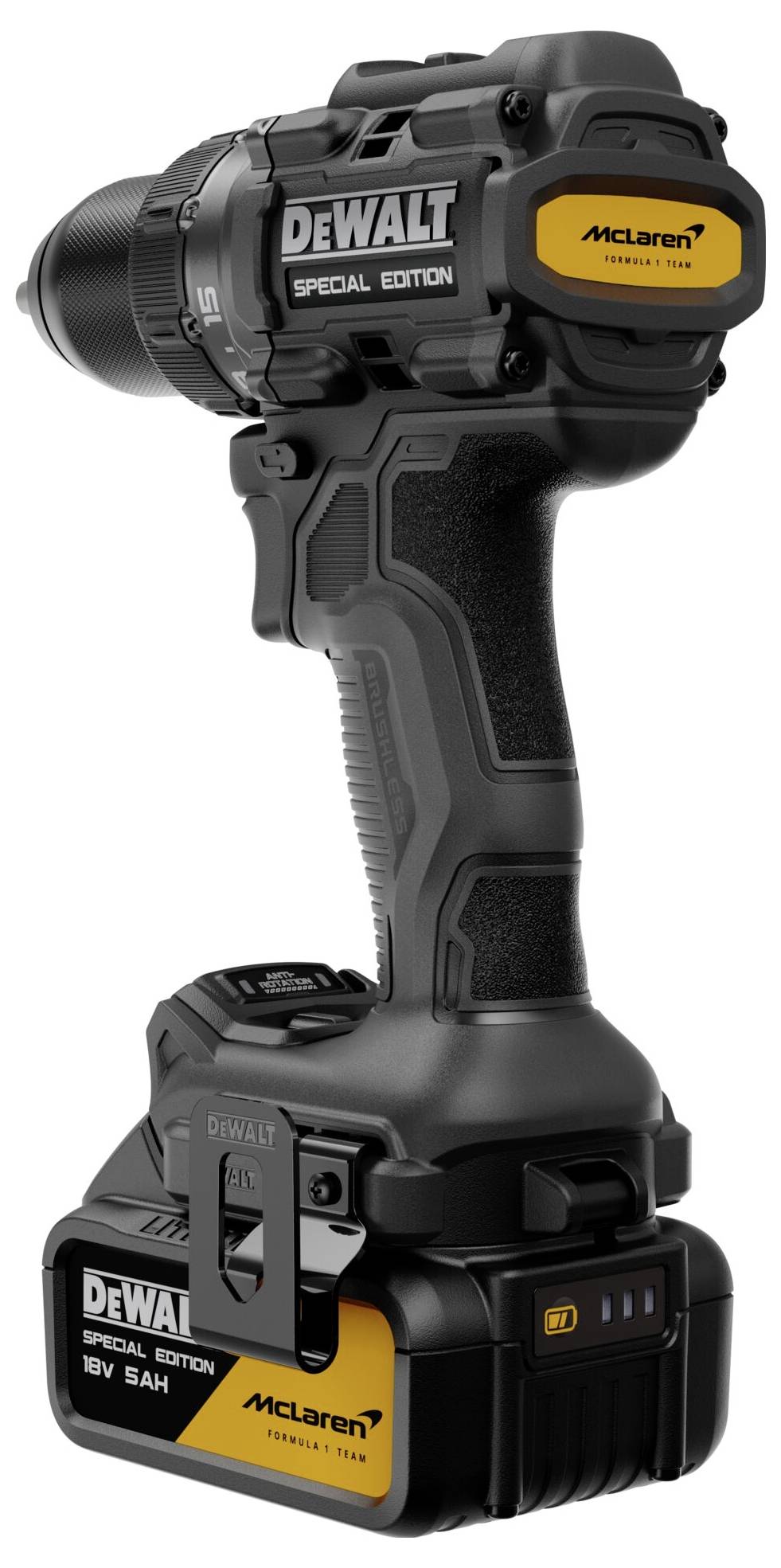 DeWalt specialupplaga McLaren trådlös elverktyg med batteriladdning, visad i svart och gul varumärkesdesign på vit bakgrund