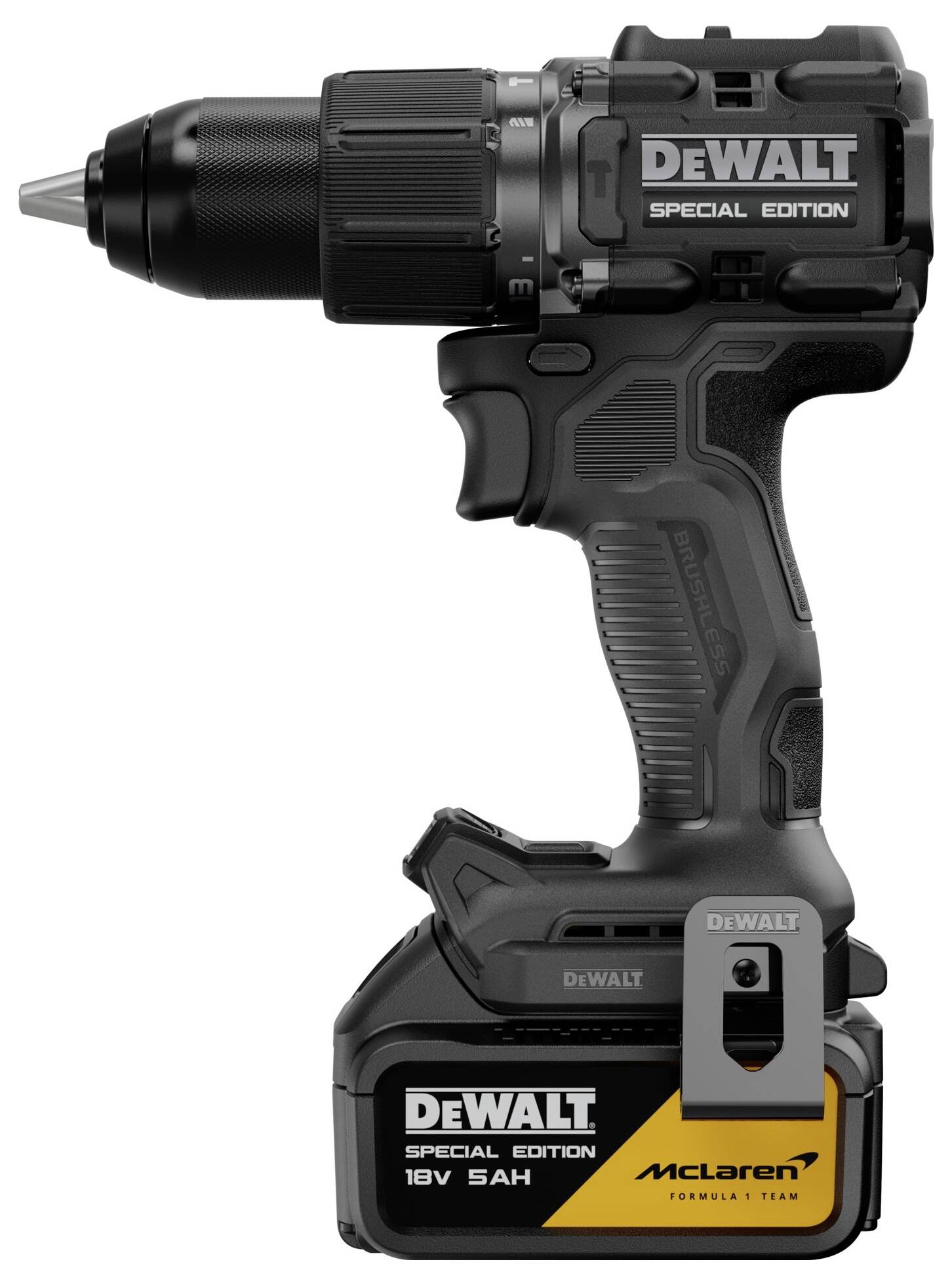 Svart DeWalt trådlös borr med batterikassett, märkt 'SPECIAL EDITION' och 'McLaren Formula 1 Team'.