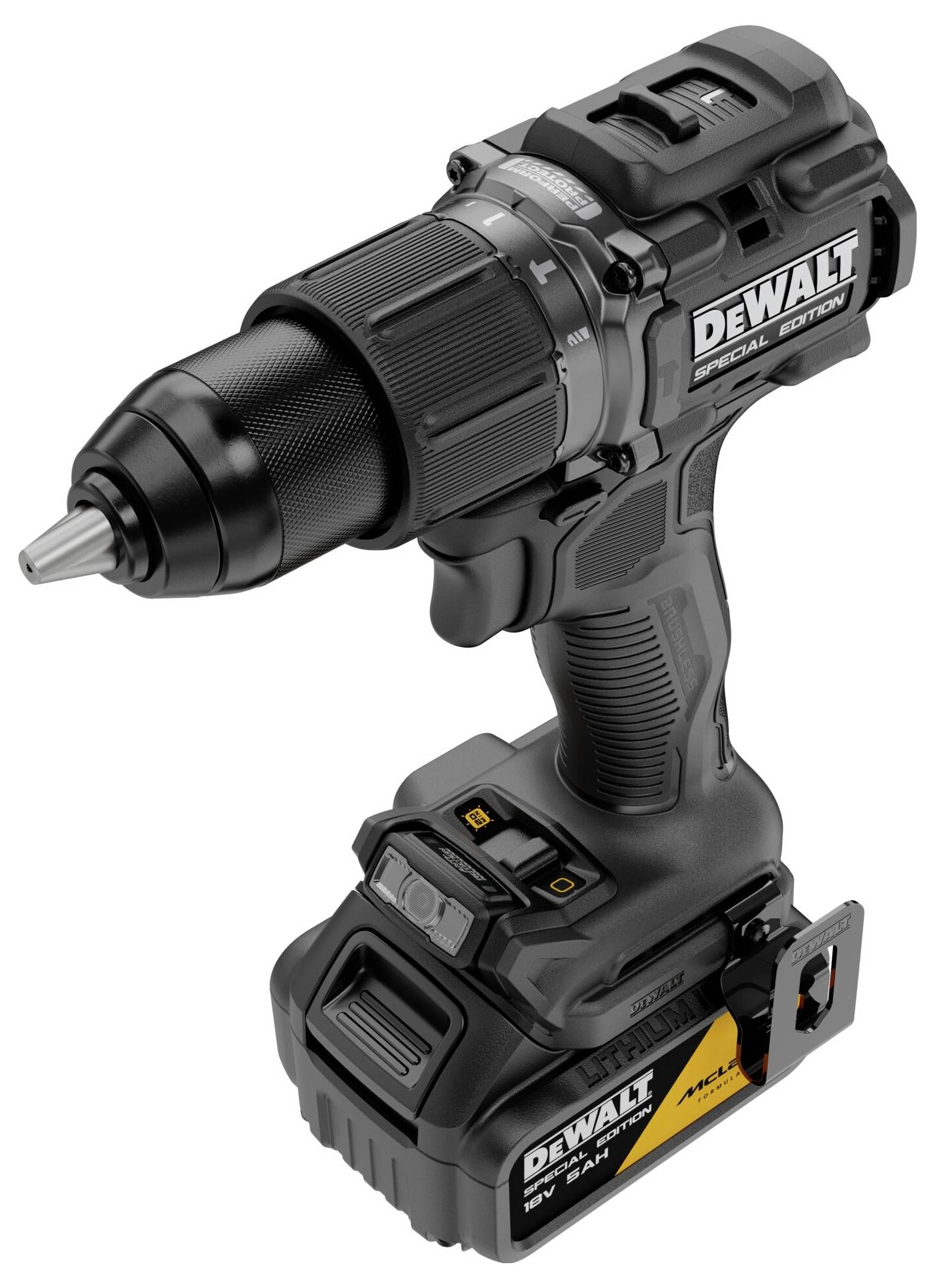 DeWalt-borr i svart med batteriladdning, visad i sidovy på vit bakgrund.