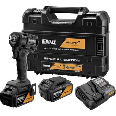 DeWalt McLaren special edition trådlös verktygskit med slagborstål, batterier, laddare och bärväska.