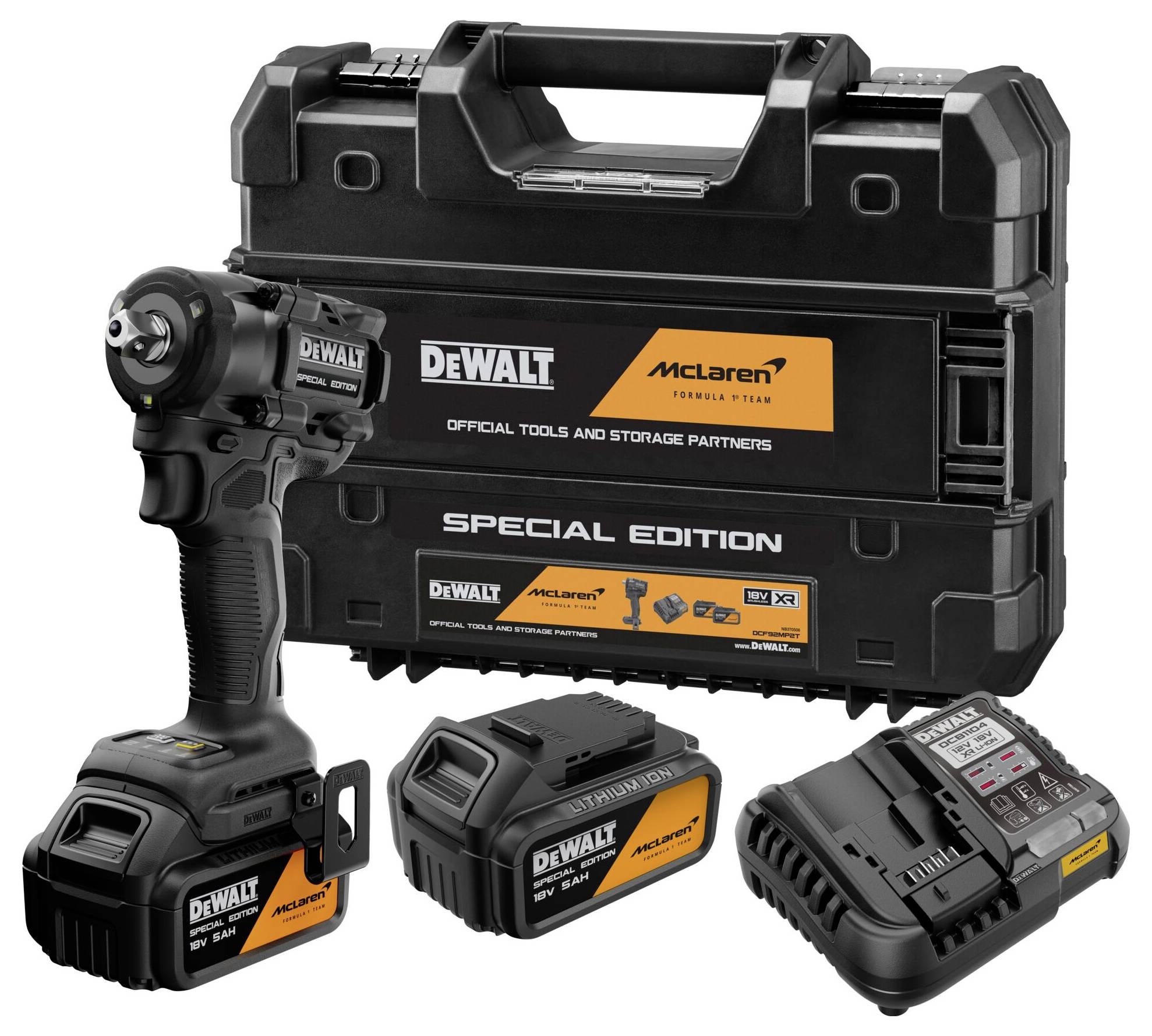 DeWalt McLaren specialutgåva trådlös slagskruvdragare med transportväska, två batterier och laddare.