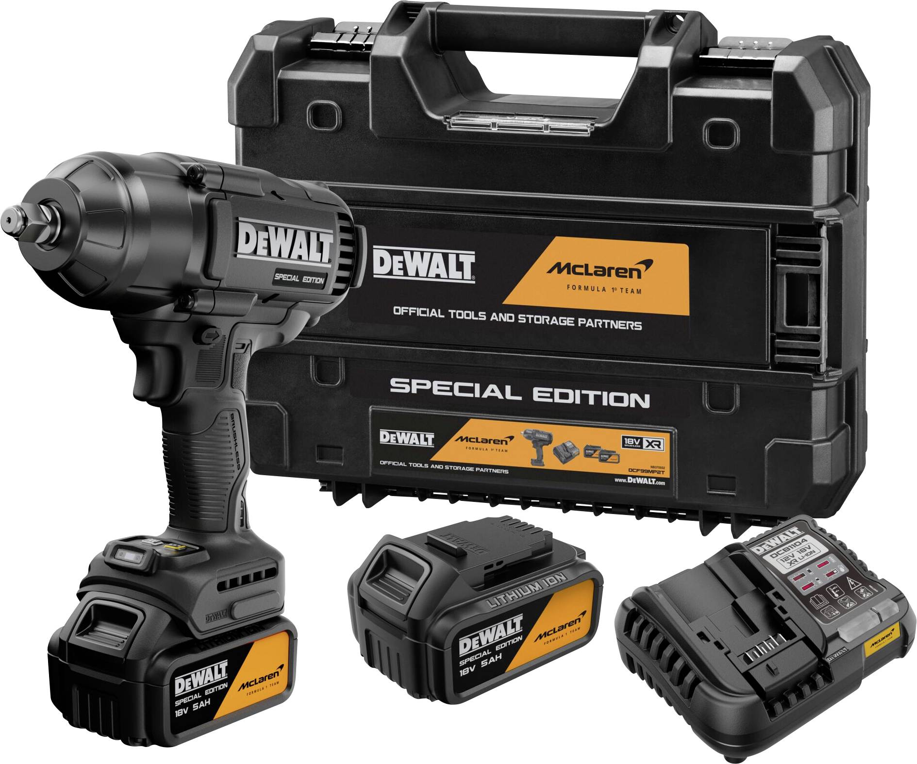 DeWalt specialutgåva McLaren trådlös slagskruvdragare med två batterier, laddare och bärväska