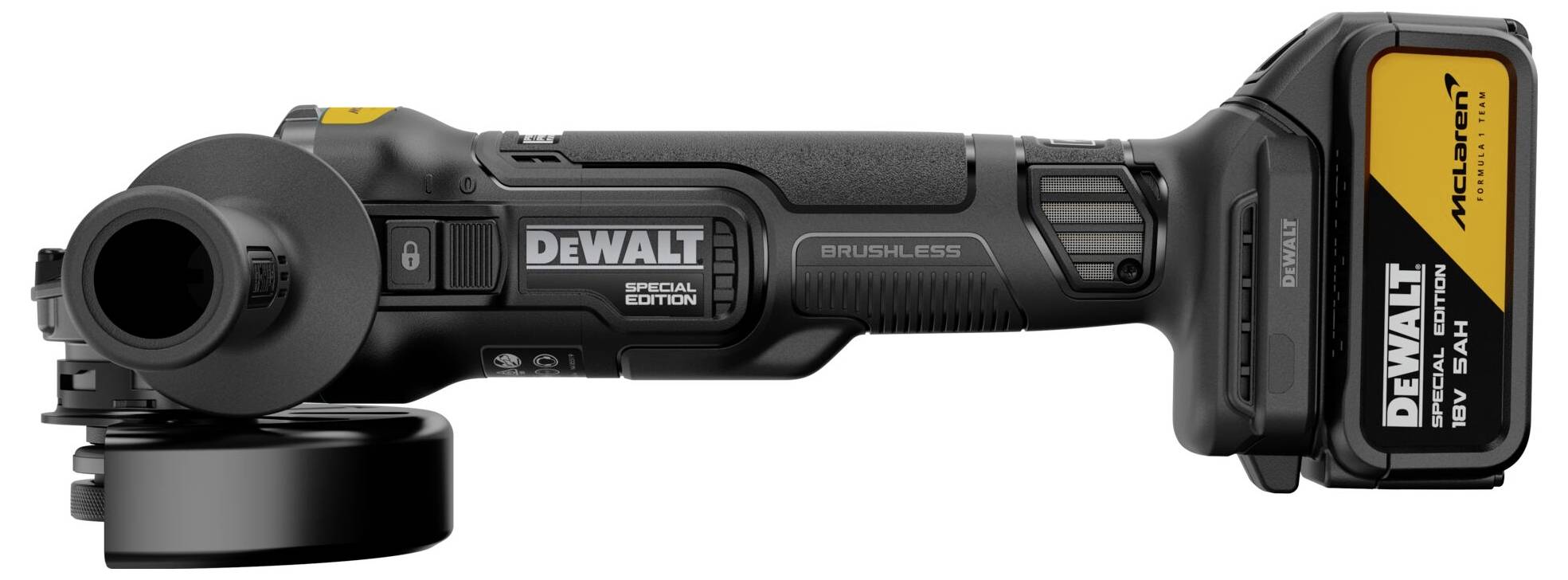 Svart DEWALT trådlös vinkelslipare med anslutet batterisats på vit bakgrund.
