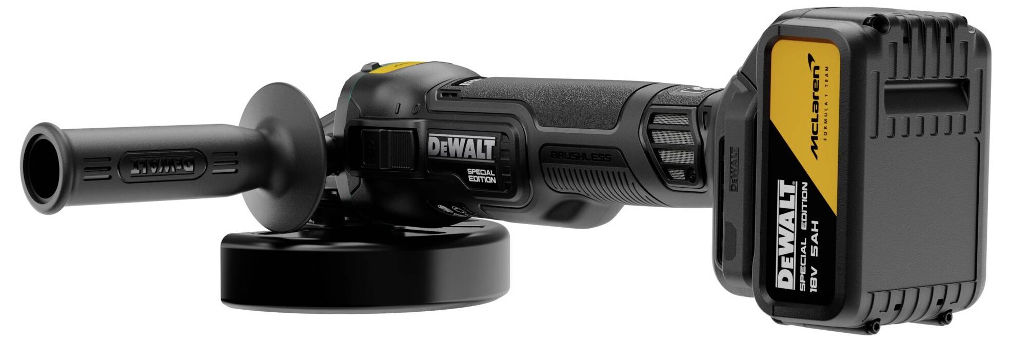 DeWalt trådlös vinkelslip med sidohandtag och batterisats, visas på vit bakgrund.