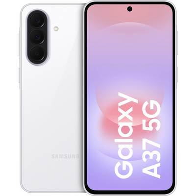 Samsung Galaxy A37 5G-smartphone visad framifrån och bakifrån, vit modell med trippelkamera på baksidan och punch-hole-display.