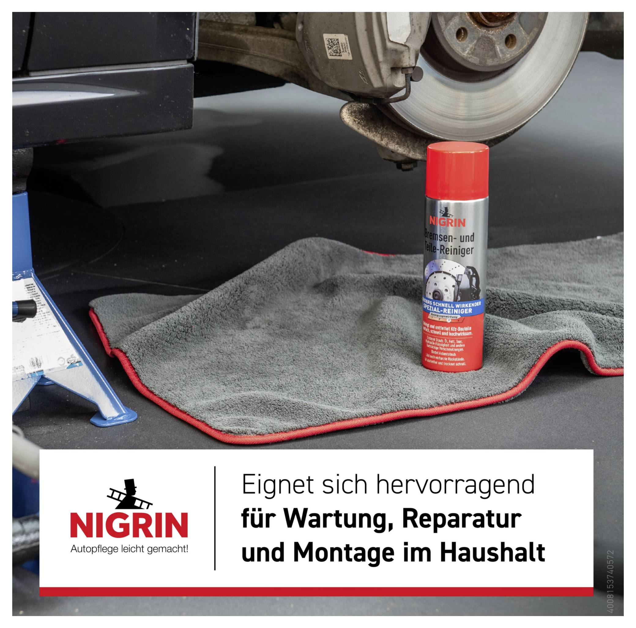 NIGRIN bromsrengöring spray i burk som står bredvid ett bilhjul och en handduk, med tysk annonstextt som främjar användning för underhåll, reparation och montering hemma.