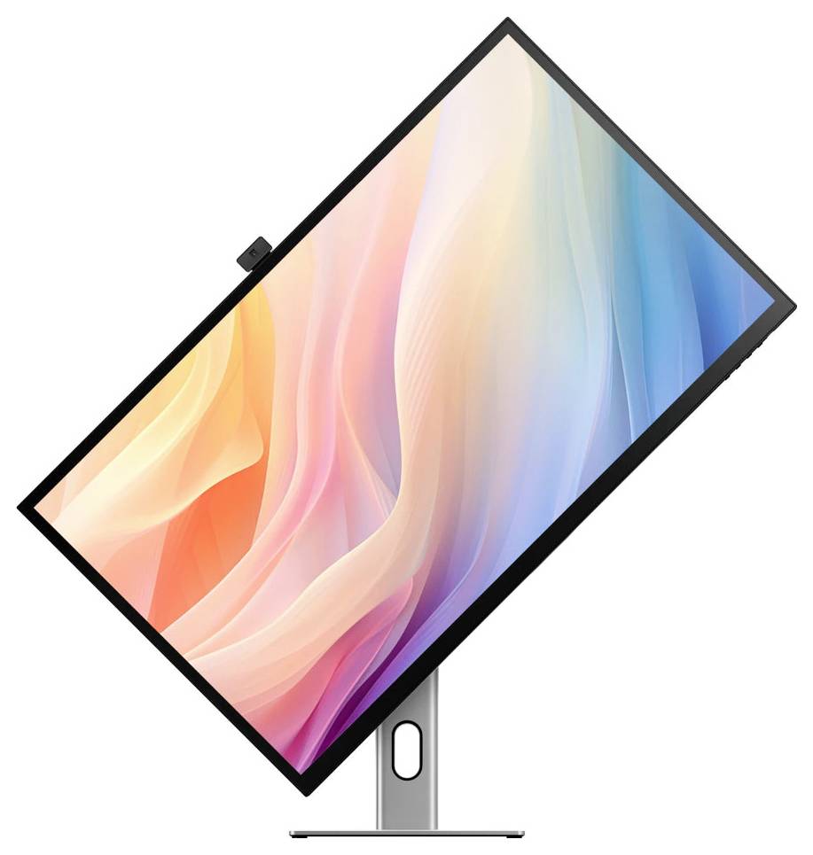 En lutad pekskärmsskärm på ett ställ visar en färgglad abstrakt gradient-bakgrundsbild mot en vit bakgrund.