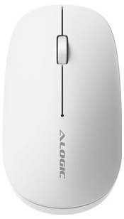 Vit Logitech-datormöss visad från ovanifrån med ett centrerat scrollhjul och en vertikal kabelledning.