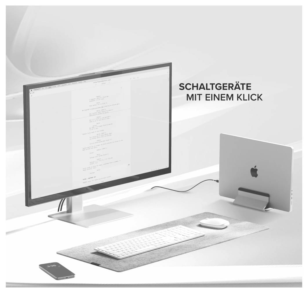 Skrivbordsuppsättning med skärm, tangentbord, mus och bärbar dator; texten läser "SWITCHINGANORDNINGAR MED ETT KLICK" bredvid skärmen.