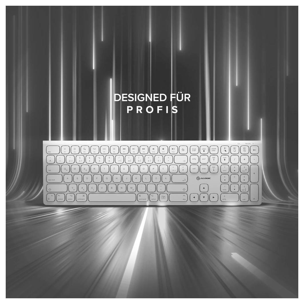 Trådlöst tangentbord med tysk text "DESIGNED FÜR PROFIS" på en mörk, rörelsestrimla bakgrund.