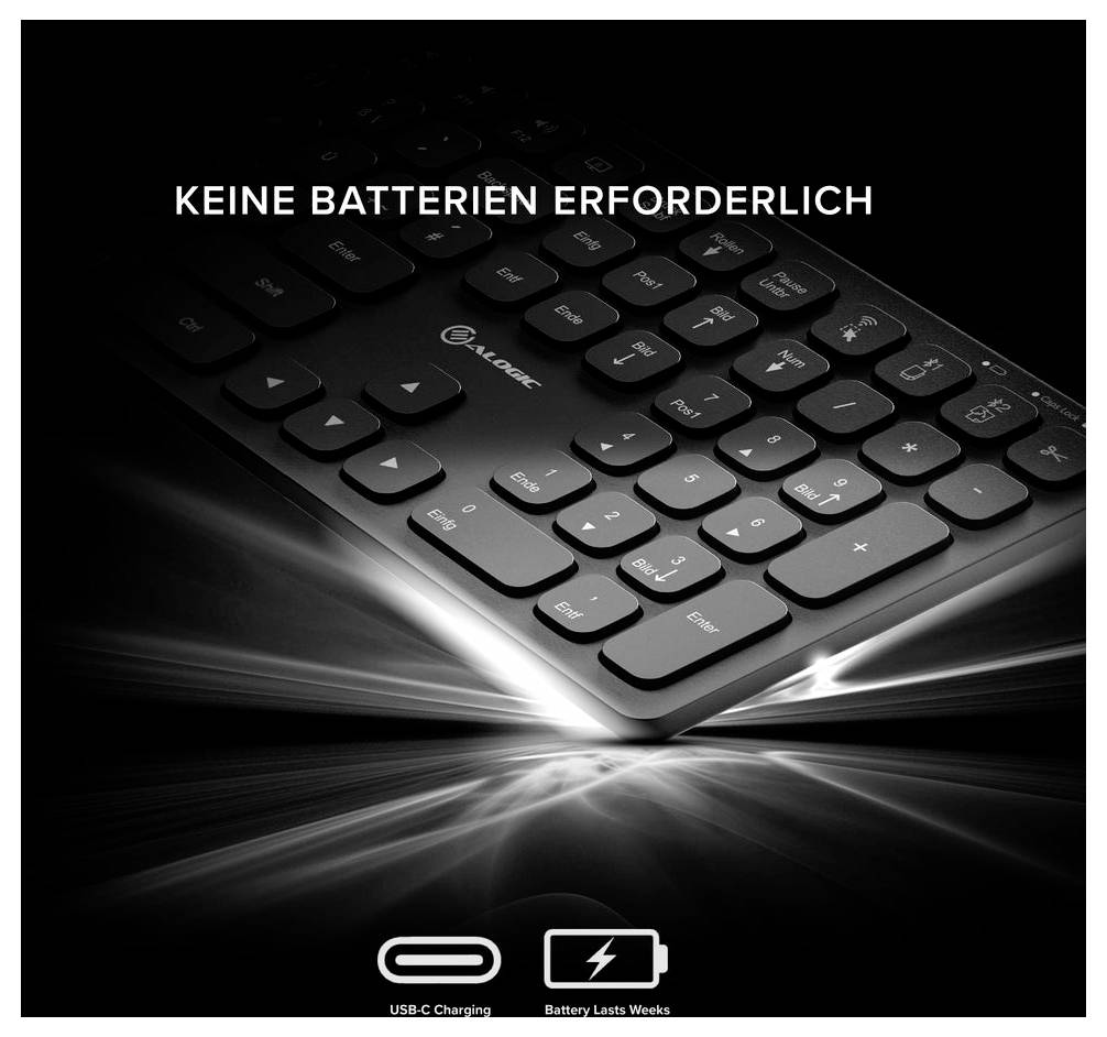 Promotionell bild av ett svart trådlöst tangentbord med den svenska texten 'INGA BATTERIER KRÄVDA' och ikoner för USB-C-laddning och långt batteritid.