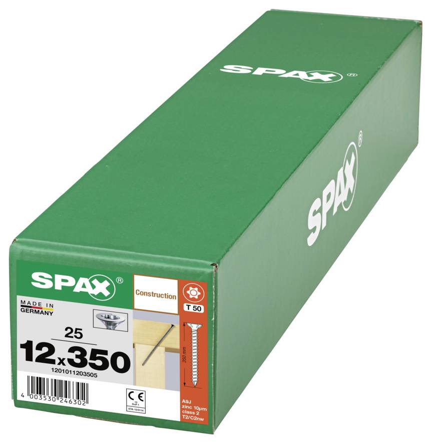 Grön SPAX-skruvlåda märkt 12x350, tillverkad i Tyskland, med produkt- och konstruktionsdetaljer på framsidan.