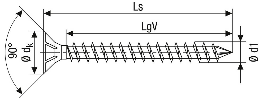 Teknisk ritning av ett försänkt skruv med dimensioner: 90° huvudvinkel, huvuddiameter Ødk, skaftdiameter Ød1, total längd Ls och gängad längd LgV.