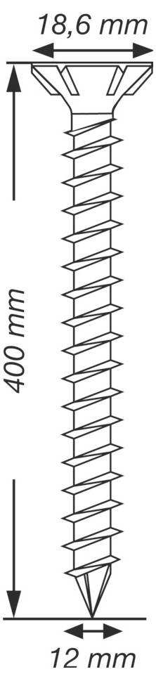 Teknisk ritning av en skruv med märkta dimensioner: 400 mm längd, 18,6 mm huvudbredd och 12 mm spetsbredd.
