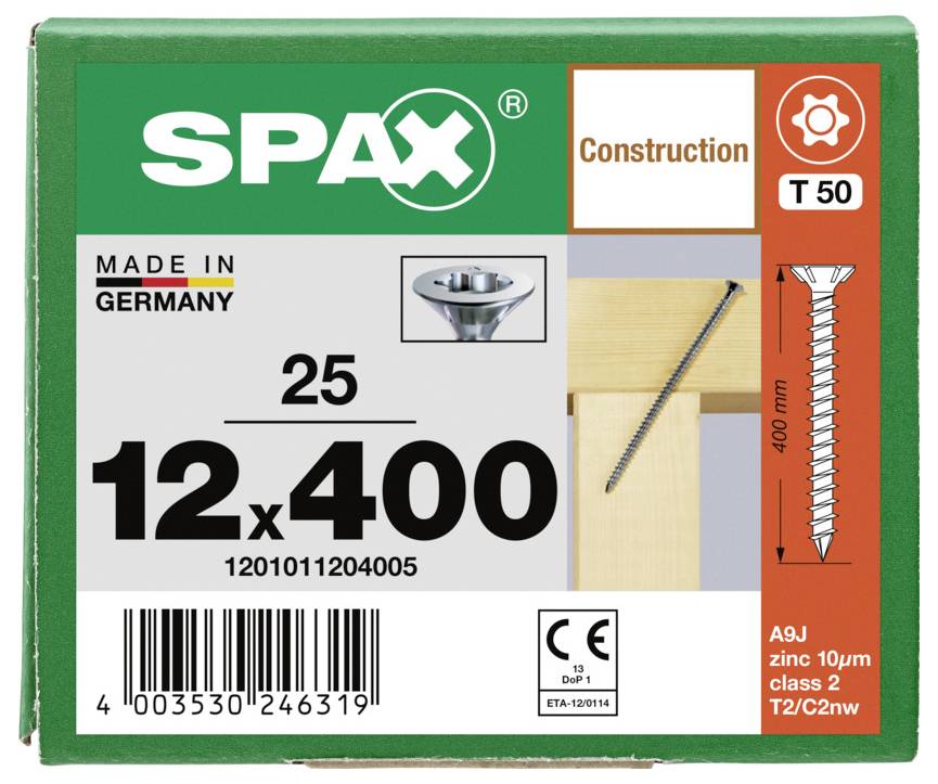 SPAX konstruktionsskruv låda märkt T50, storlek 12x400, tillverkad i Tyskland, med produktbild, streckkod och tekniska markeringar.