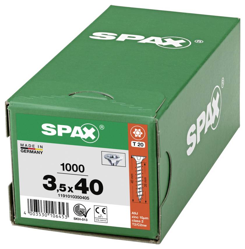 Grön SPAX-skruvlåda märkt med "3,5x40", "1000" och "Tillverkad i Tyskland", med en T20-drivikon.