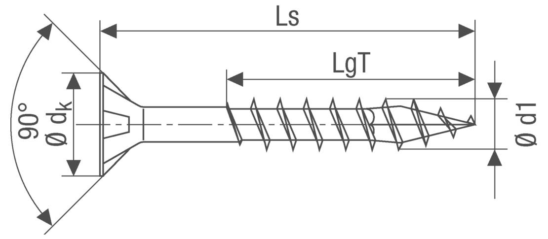 Teknisk skruvdiagram som visar längdetiketter Ls och LgT, huvuddiameter dk, skaftdiameter d1 och 90° försänkningsvinkel.