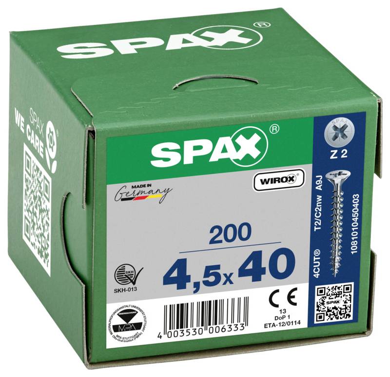 Grön SPAX-skruvbox märkt "200 4,5x40" med produkt- och streckkoduppgifter på framsidan.