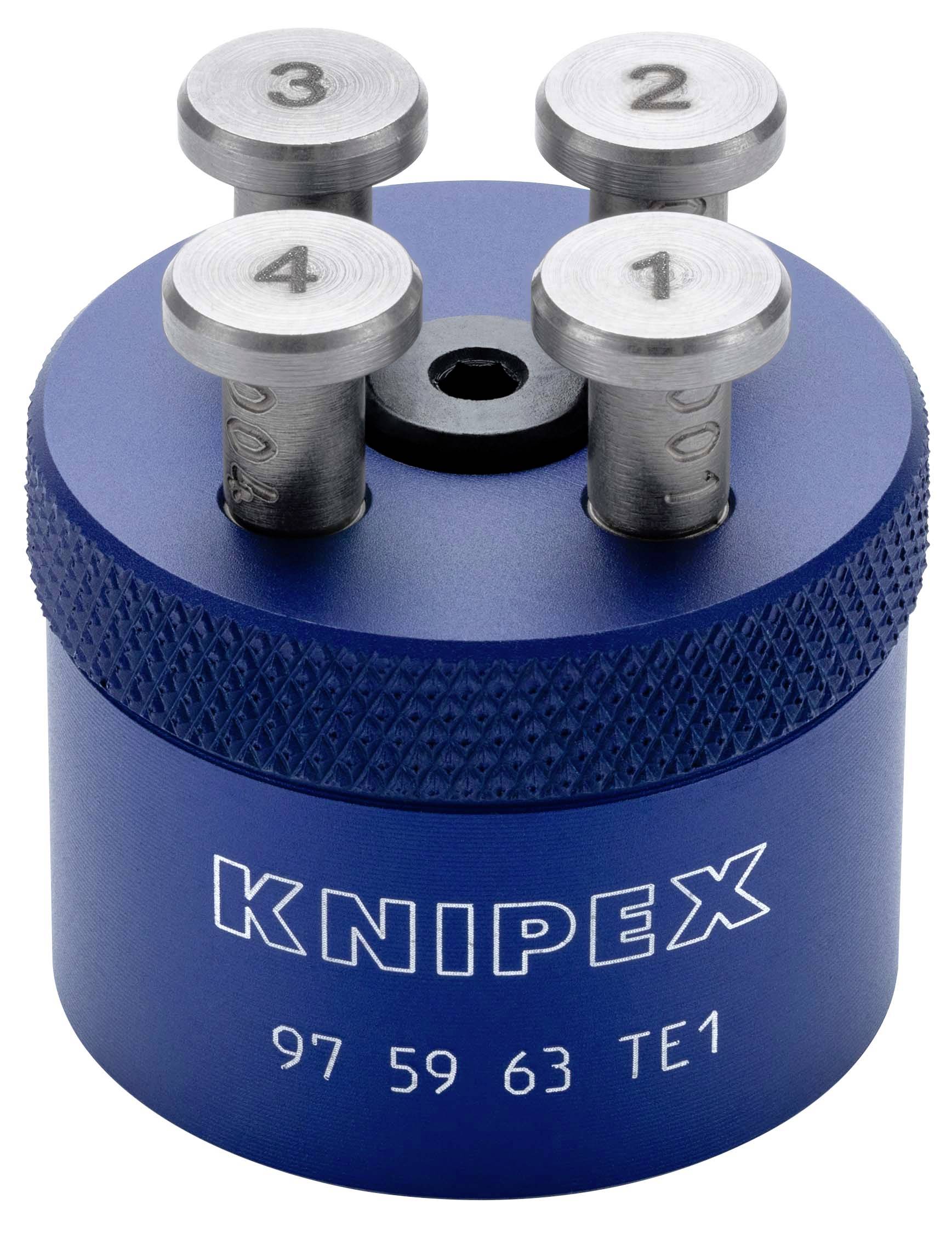 Blå KNIPEX-verktyghållare med fyra numrerade metallstift på toppen, märkt '97 59 63 TE1'.