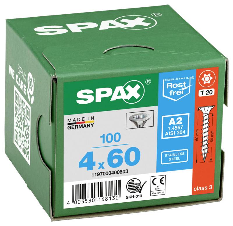 Grön SPAX-skruv låda märkt '4 x 60', 100 stycken, rostfritt stål, tillverkad i Tyskland, klass 3.
