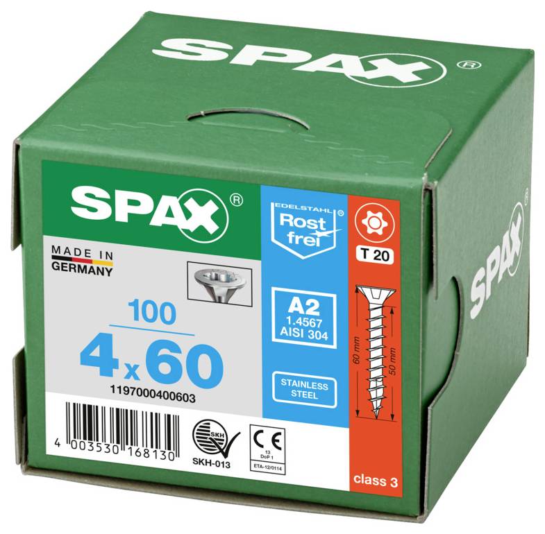 Grön SPAX konstruktionskruv låda märkt 8 x 180, tillverkad i Tyskland, med 50 skruvar och en T40-driv ikon.