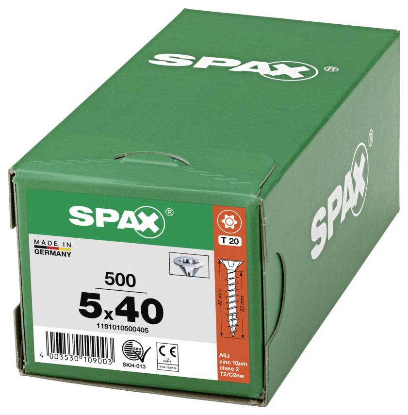Grön SPAX-skruvlåda märkt med "5x40" och "500", tillverkad i Tyskland, med en T20-drivskruv-ikon på framsidan.