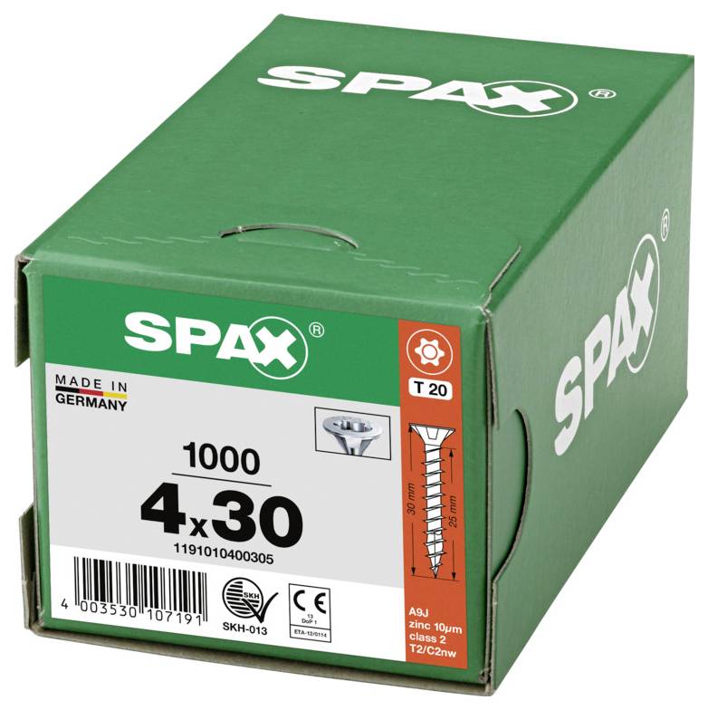 Grön SPAX-skruvlåda märkt 1000 4x30, tillverkad i Tyskland, med produkt- och streckkodsdetaljer på framsidan.