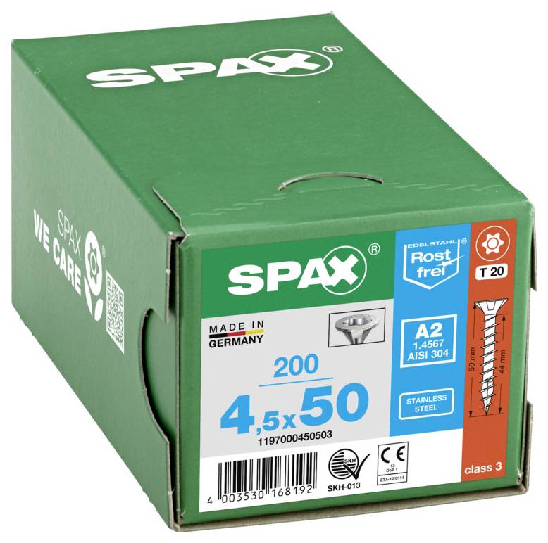 Grön SPAX-låda med 200 rostfria skruvar, märkt 4,5 x 50, A2/AISI 304, tillverkad i Tyskland.