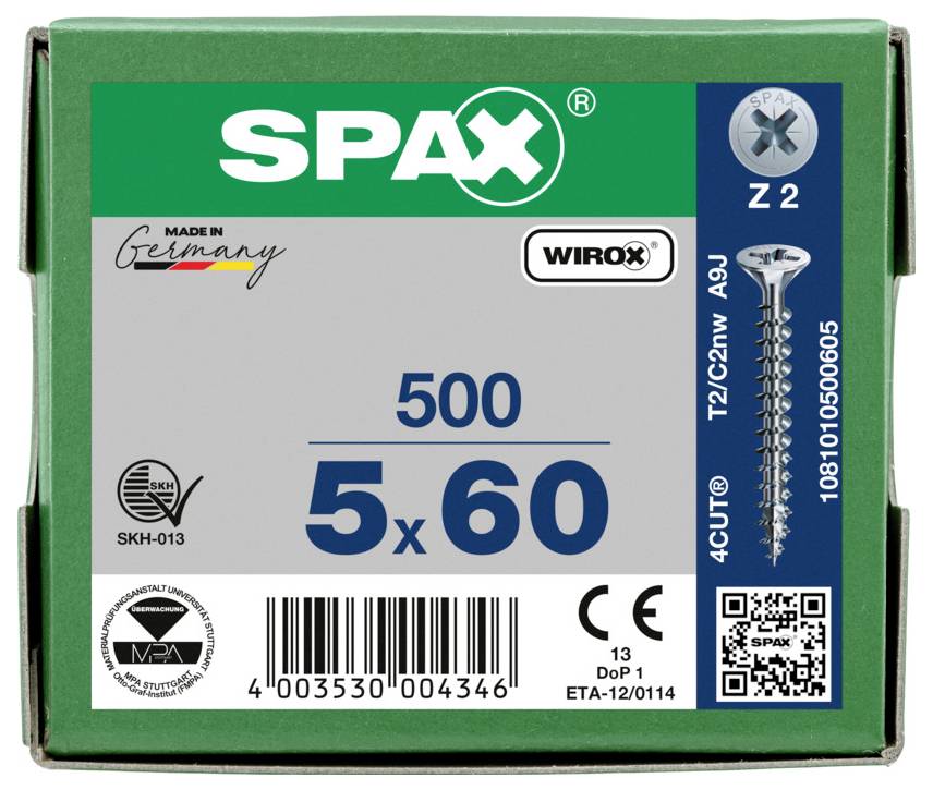 Låda med SPAX-skruvar märkt 500, 5x60, med skruvbild och produktmarkeringar inklusive "Tillverkad i Tyskland" och "Z2".