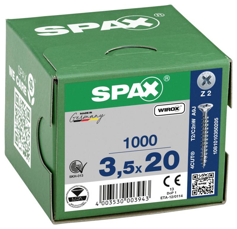 Grön SPAX-skruvlåda märkt '1000 3.5x20', visar produktdetaljer och skruvillustration.
