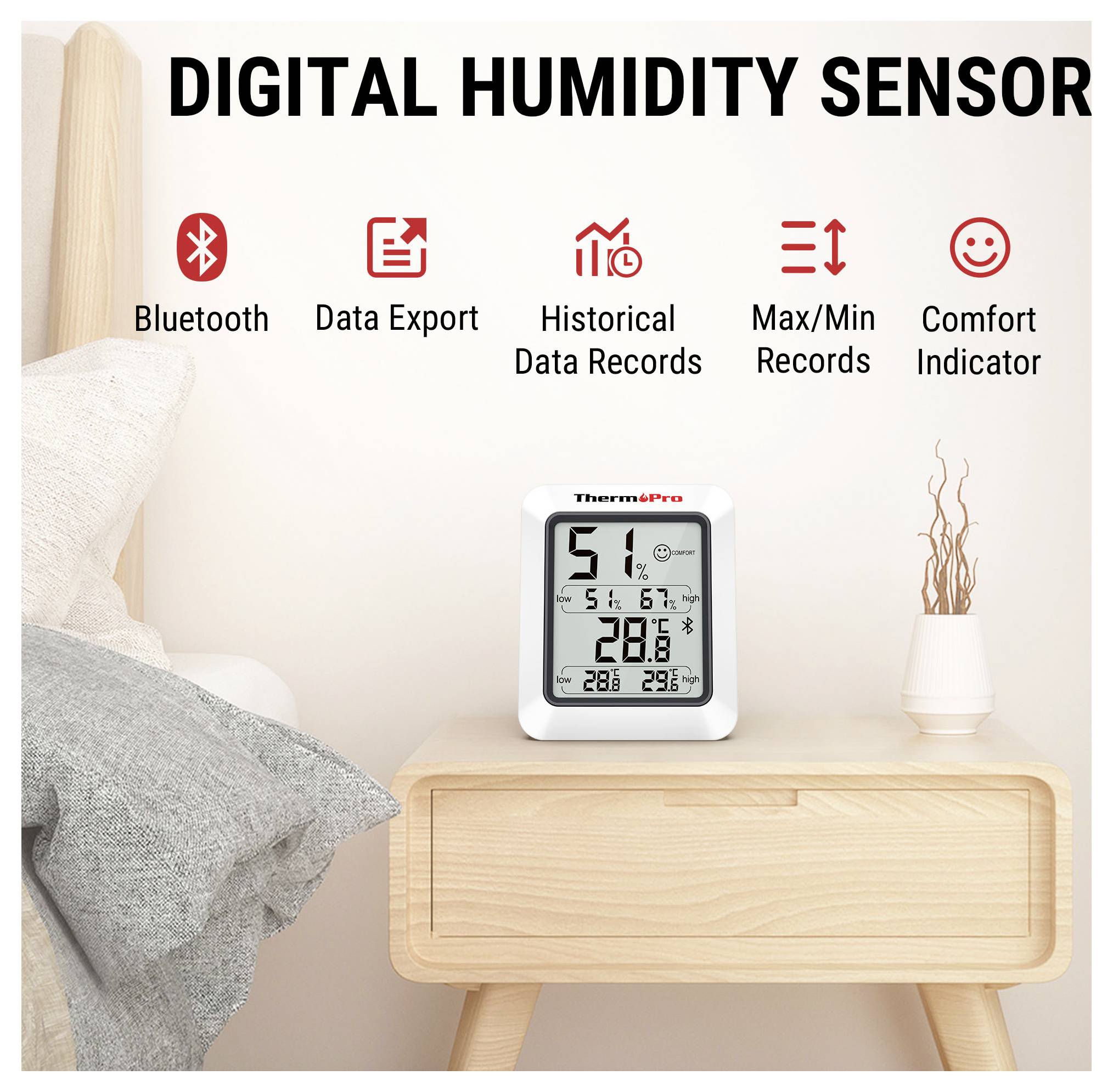 Digital fuktighetssensor på ett nattduksörd som visar temperatur och fuktighet med Bluetooth, dataexport, historiska poster, max/min-poster och komfortindikator-funktioner.