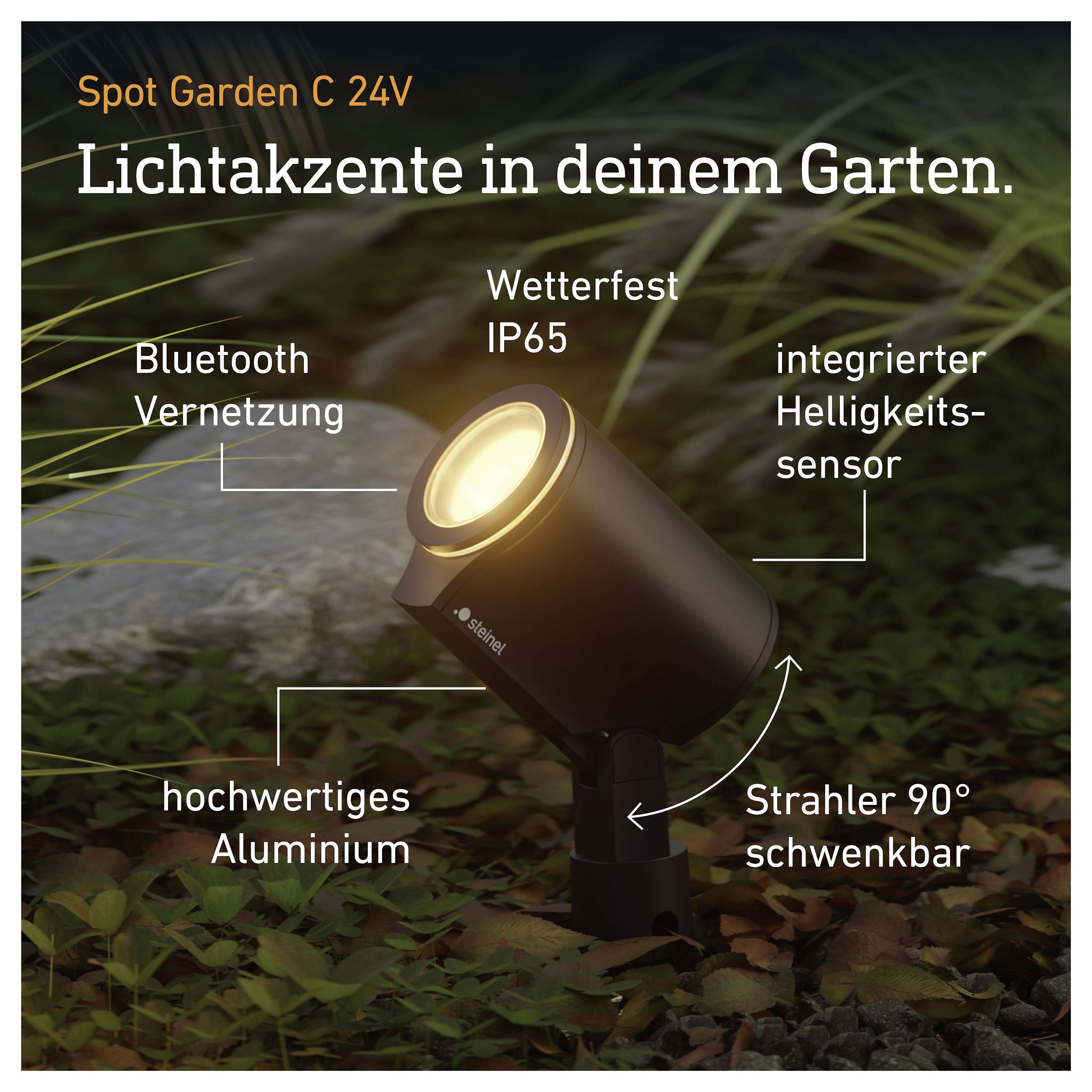 Spot Garden C 24V trädgårdsspotlight med varmvit ljus, Bluetooth-nätverk, IP65-väderresistans, integrerad ljusstyrkaensensor och 90° svängbar justerbar aluminiumdesign.