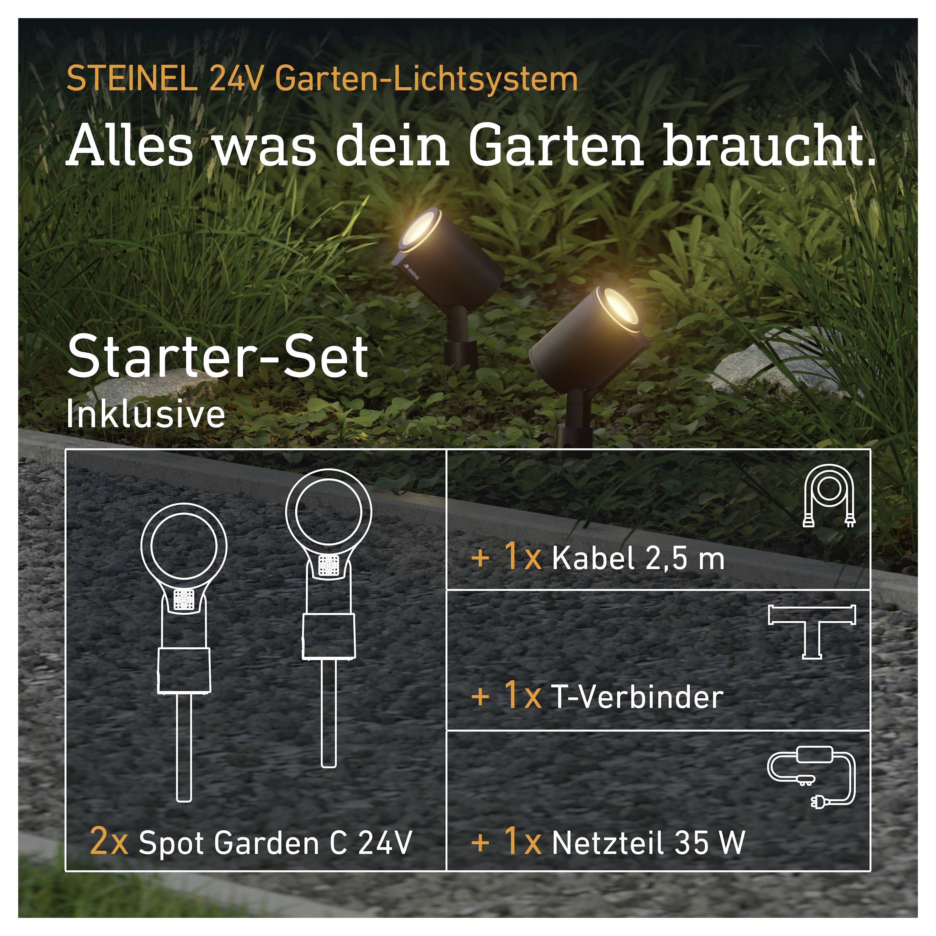 Reklamgrafik för STEINEL 24V trädgårdsbelysning startpaket, som visar två strålkastare och inkluderade objekt: 2 spot garden C 24V, 1 kabel 2,5 m, 1 T-koppling, 1 35 W strömförsörjning.