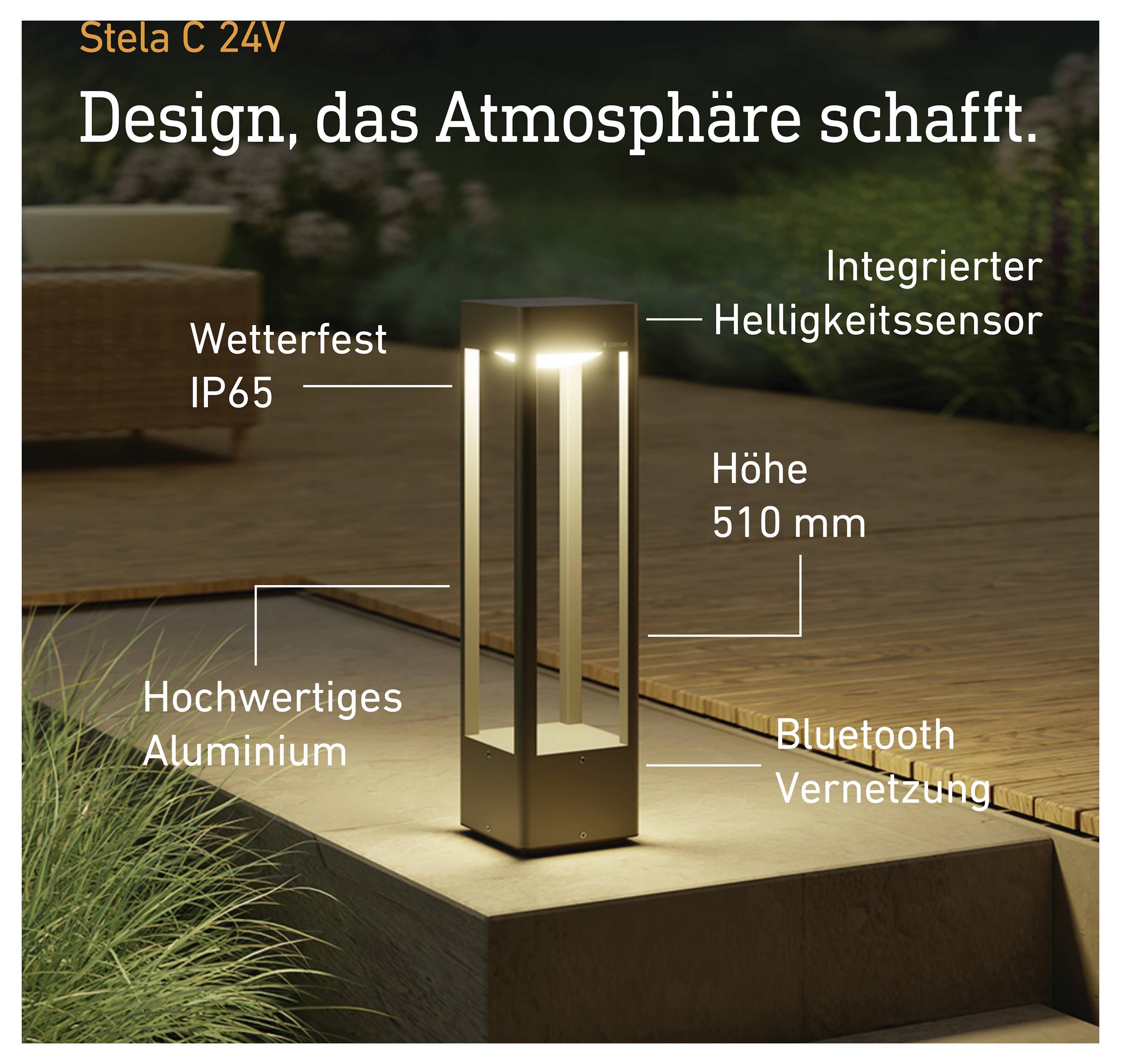 Utomhuslampa för "Stela C 24V" som visar en 510 mm aluminiumarmatur, IP65 väderbeständig belysning med integrerad ljusstyrkasenor och Bluetooth-nätverk.