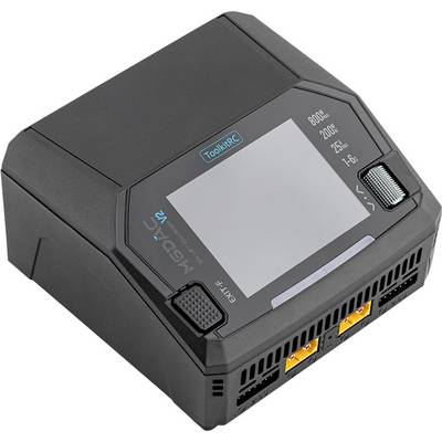 ToolkitRC elektronisk enhet visad i produktöversikt, med en pekskärmsdisplay, två kontrollikar och orange portar på framsidan.