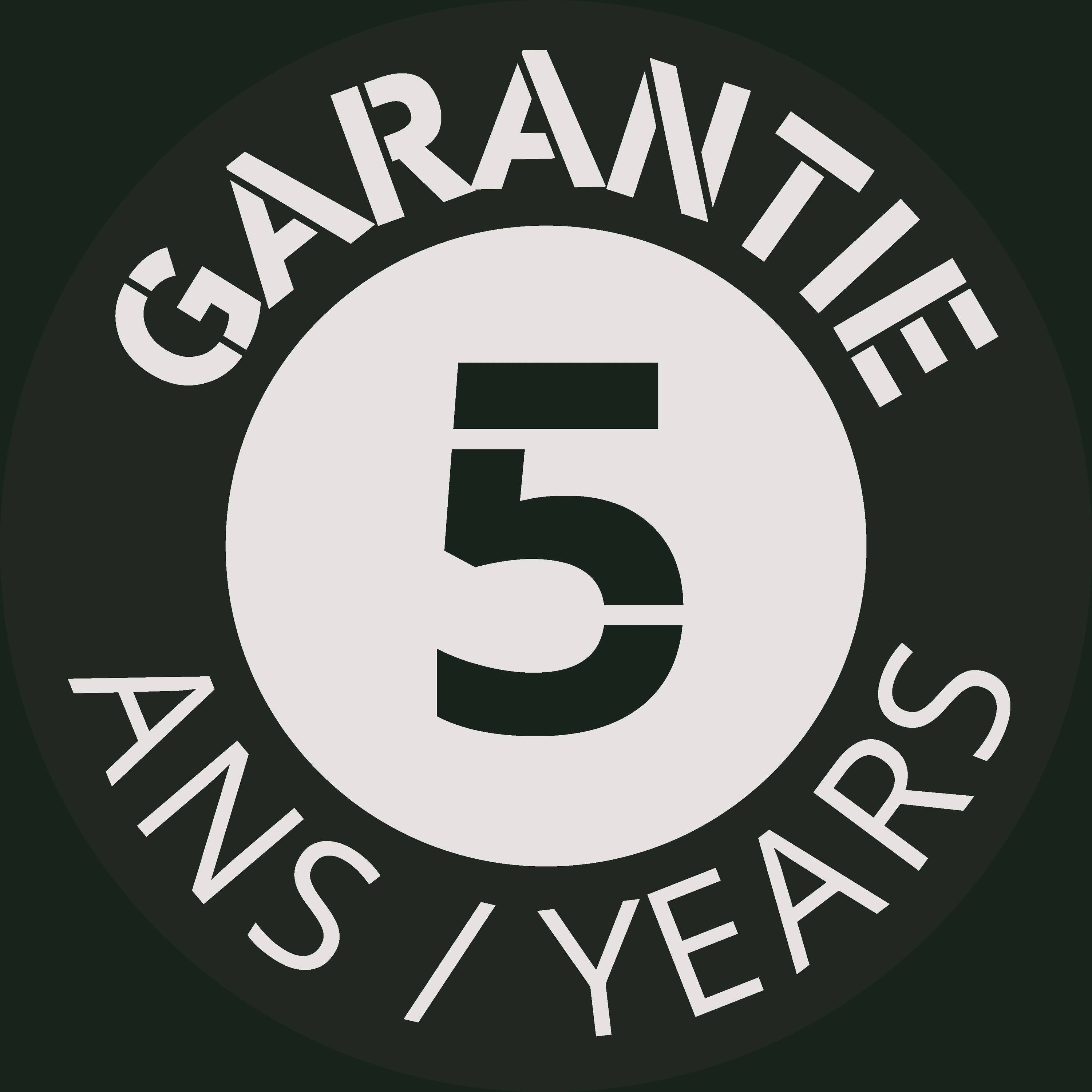 Garantibricka som visar "5" i mitten, vilket anger en 5-årig garanti