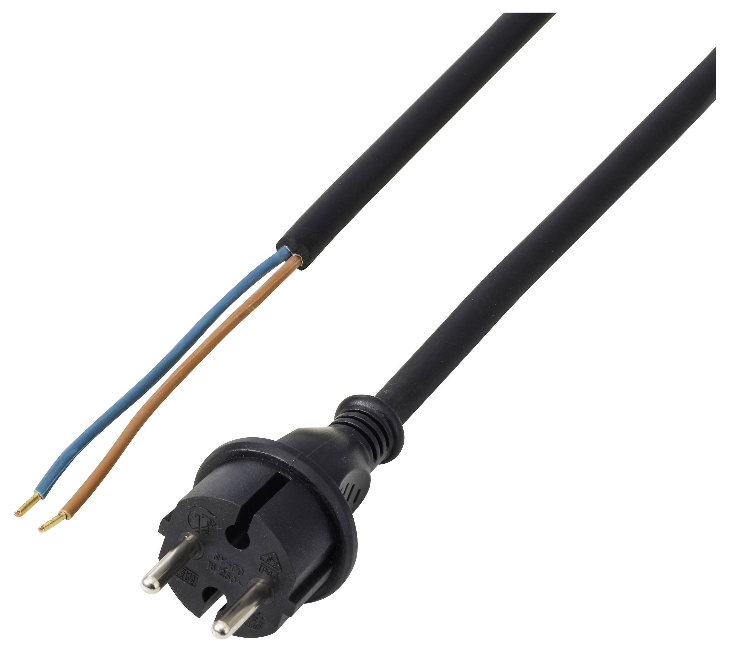 Tvåkärnig elektrisk strömkabel med exponerade blå och bruna ledningar i ena änden och ett svart europeiskt kontakt i den andra änden.