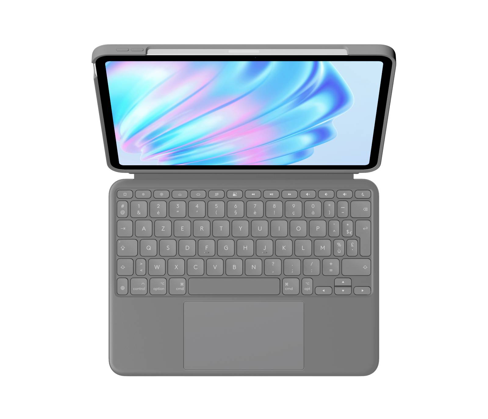 Stängd surfplatta med bifogat tangentbordsfodral visad från ovan på vit bakgrund.