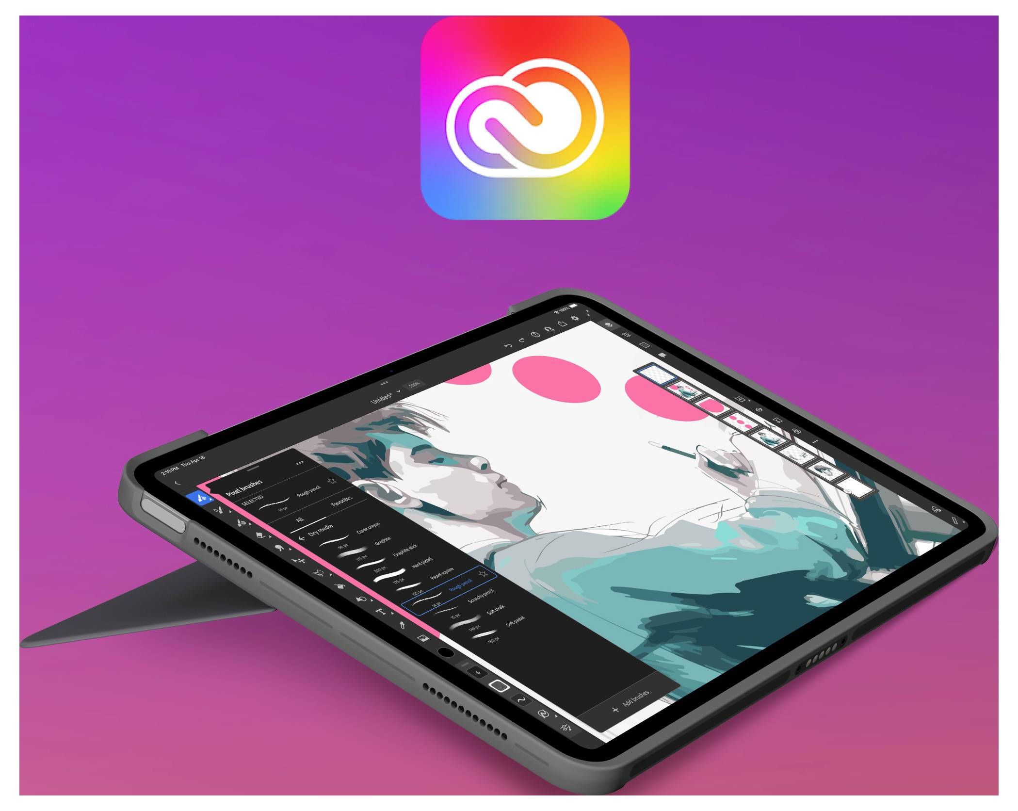 Surfplatta som visar en digital ritningsapp med en stiliserad porträtt, under Adobe Creative Cloud-logotypen på en lila gradient bakgrund.