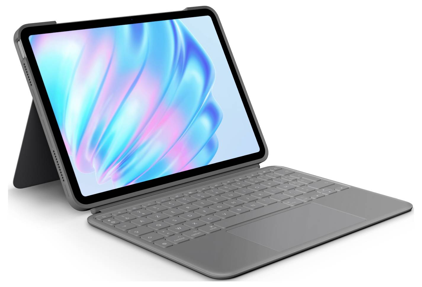 Surfplatta i ett tangentbordsfodral, lutad i liggande läge med en färgglad blå-rosa abstrakt skärm.