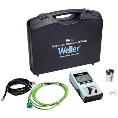 Weller WCU-temperaturmätningskit i bärfodral med digital mätare, sensorkablar och batteri på vit bakgrund.