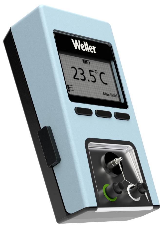 Bärbar Weller digital lödsättningsstation som visar 23,5°C på displayen och kontrollvredar nedan.