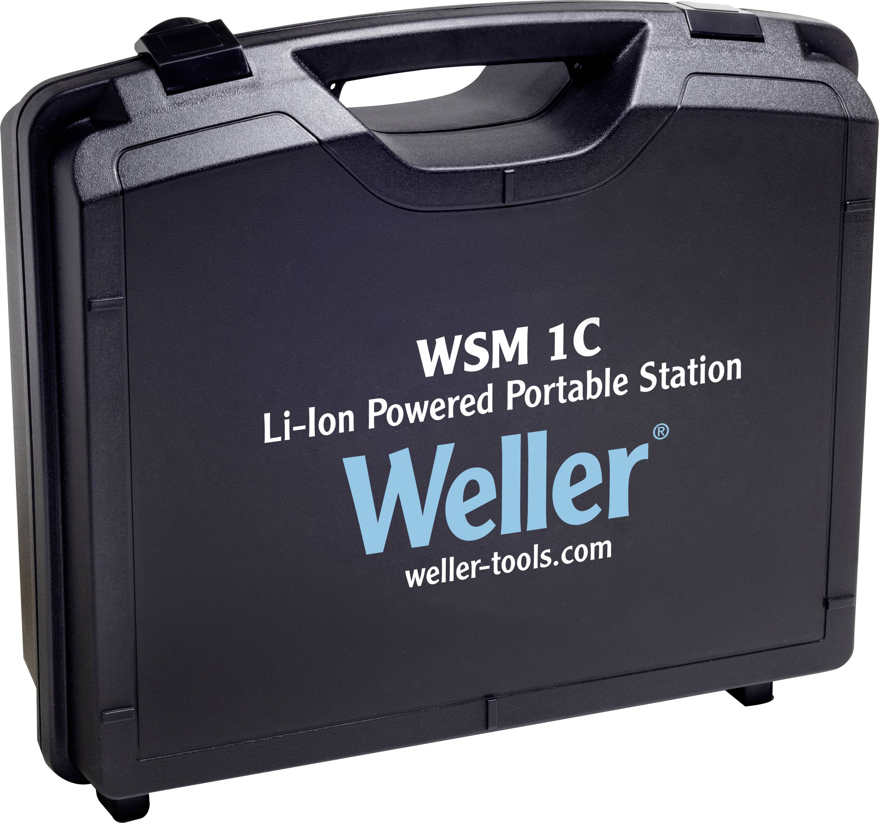 Black Weller WSM 1C Li-Ion driven portable station carrying case with handle and branding on the front.<br><br>Svart Weller WSM 1C Li-Jon driven portabel station bärväska med handtag och märkning på framsidan.