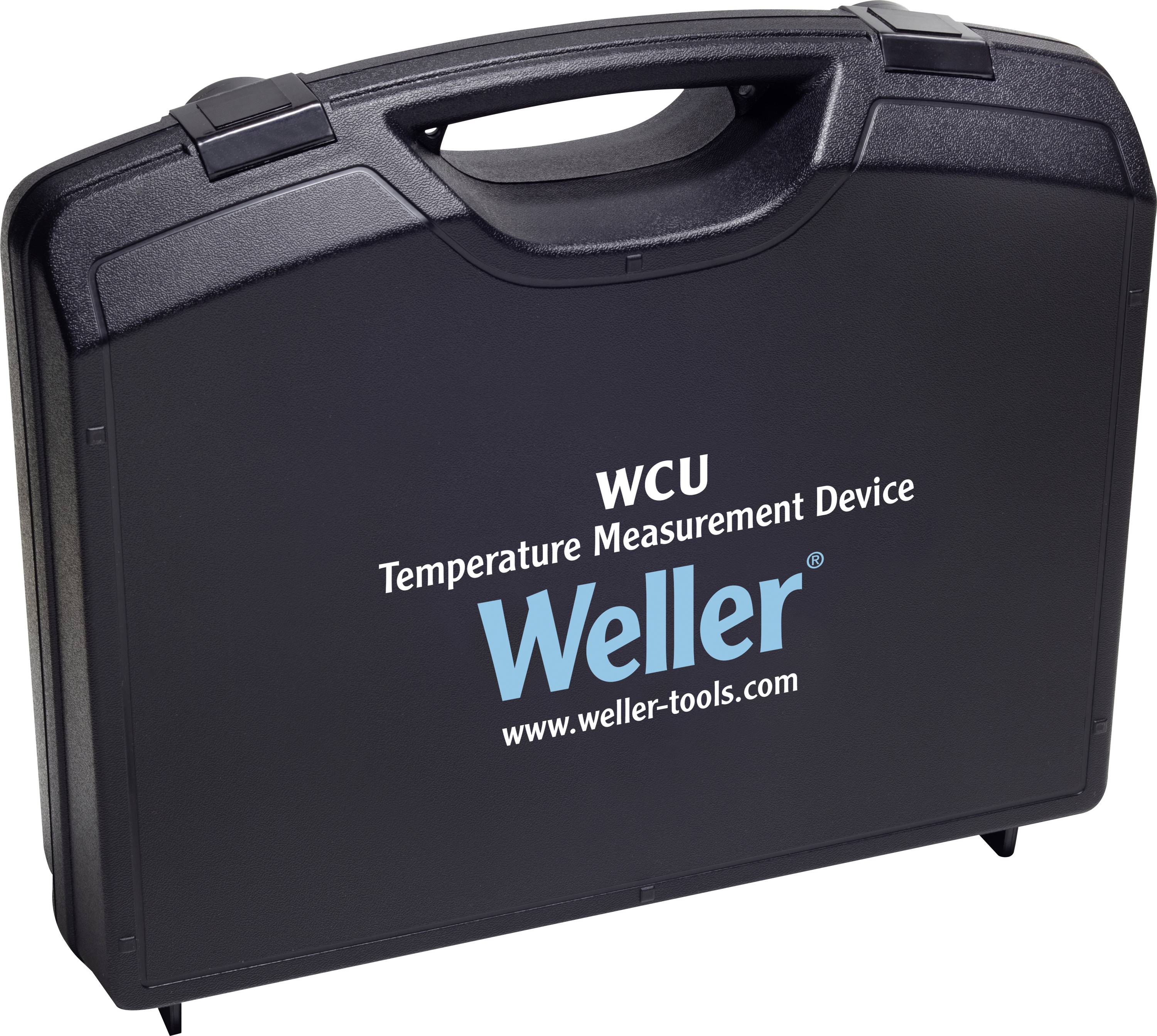 Svart hårt fodral märkt med "WCU Temperature Measurement Device" och "Weller" med webbplats www.weller-tools.com.
