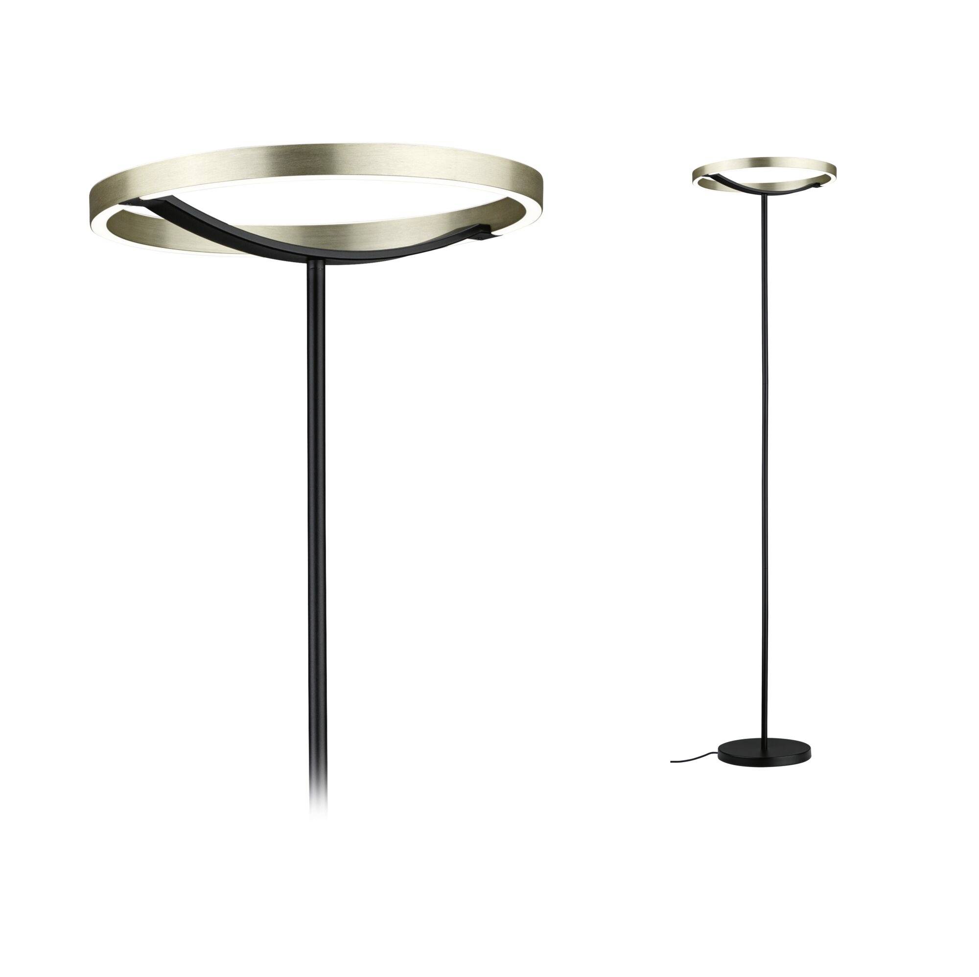 Modern minimalistisk golvlampa med ett smalt svart stativ, rund bas och en guldring-formad lampa högst upp, visad i två storlekar på en vit bakgrund.